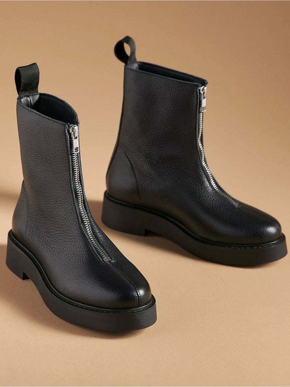 Maeve Anthropologie Black Leather Front Zip Lug Sole Boots EU 39